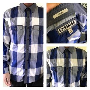 Express Fitted Blue Plaid Longsleeve Sz:Large